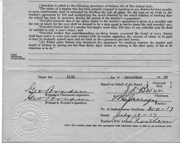 William Eldon Janzen, DDS (1896-1977), Contracts andTeaching Certificates Saskatchewan one room schoolhouses.   