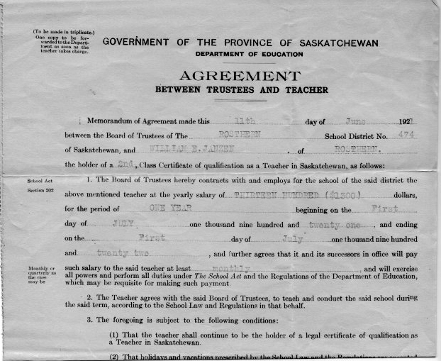 William Eldon Janzen, DDS (1896-1977), Contracts andTeaching Certificates Saskatchewan one room schoolhouses.   