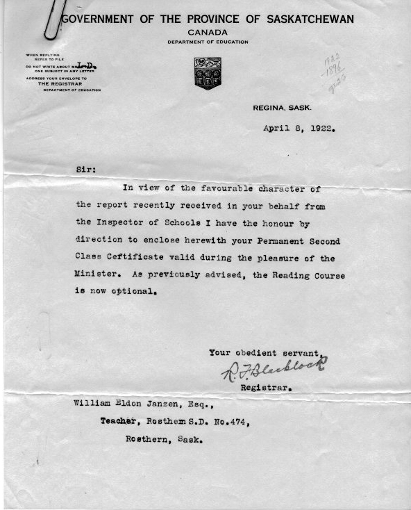 William Eldon Janzen, DDS (1896-1977), Contracts andTeaching Certificates Saskatchewan one room schoolhouses.   