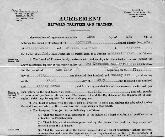 William Eldon Janzen, DDS (1896-1977), Contracts andTeaching Certificates Saskatchewan one room schoolhouses.   