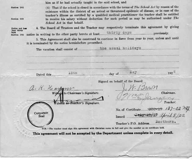 William Eldon Janzen, DDS (1896-1977), Contracts andTeaching Certificates Saskatchewan one room schoolhouses.   