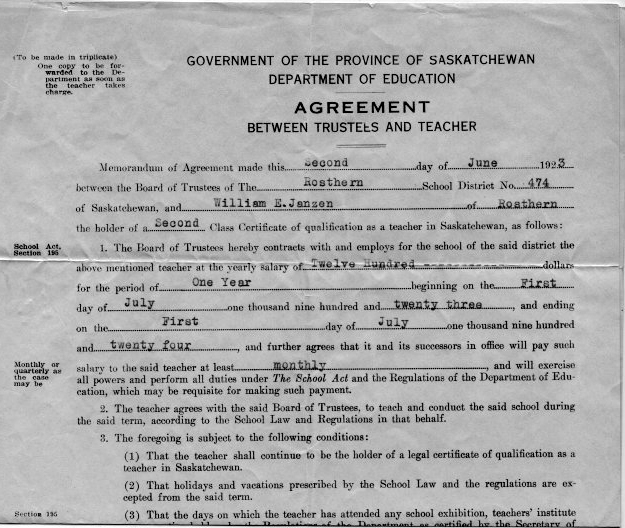 William Eldon Janzen, DDS (1896-1977), Contracts andTeaching Certificates Saskatchewan one room schoolhouses.   