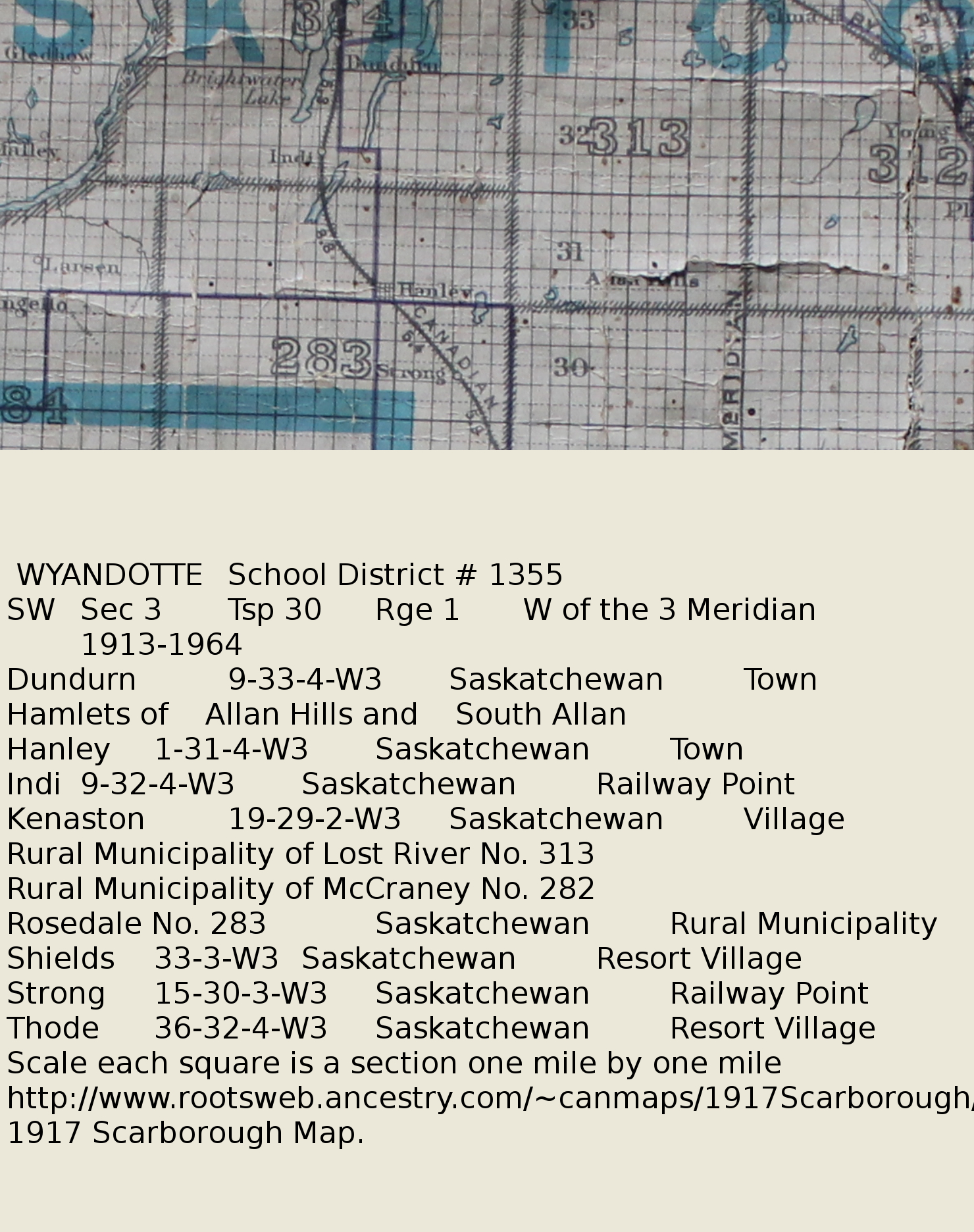 WYANDOTTE 	School District # 1355 	SW 	Sec 3 	Tsp 30 	Rge 1 	W of the 3 Meridian 	1913-1964 	Hanley, Kenaston, Map